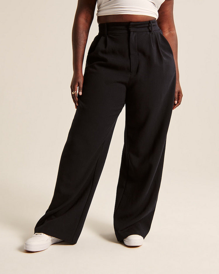 High Waist Wide-Leg Trousers Straight Casual Pants with Pockets
