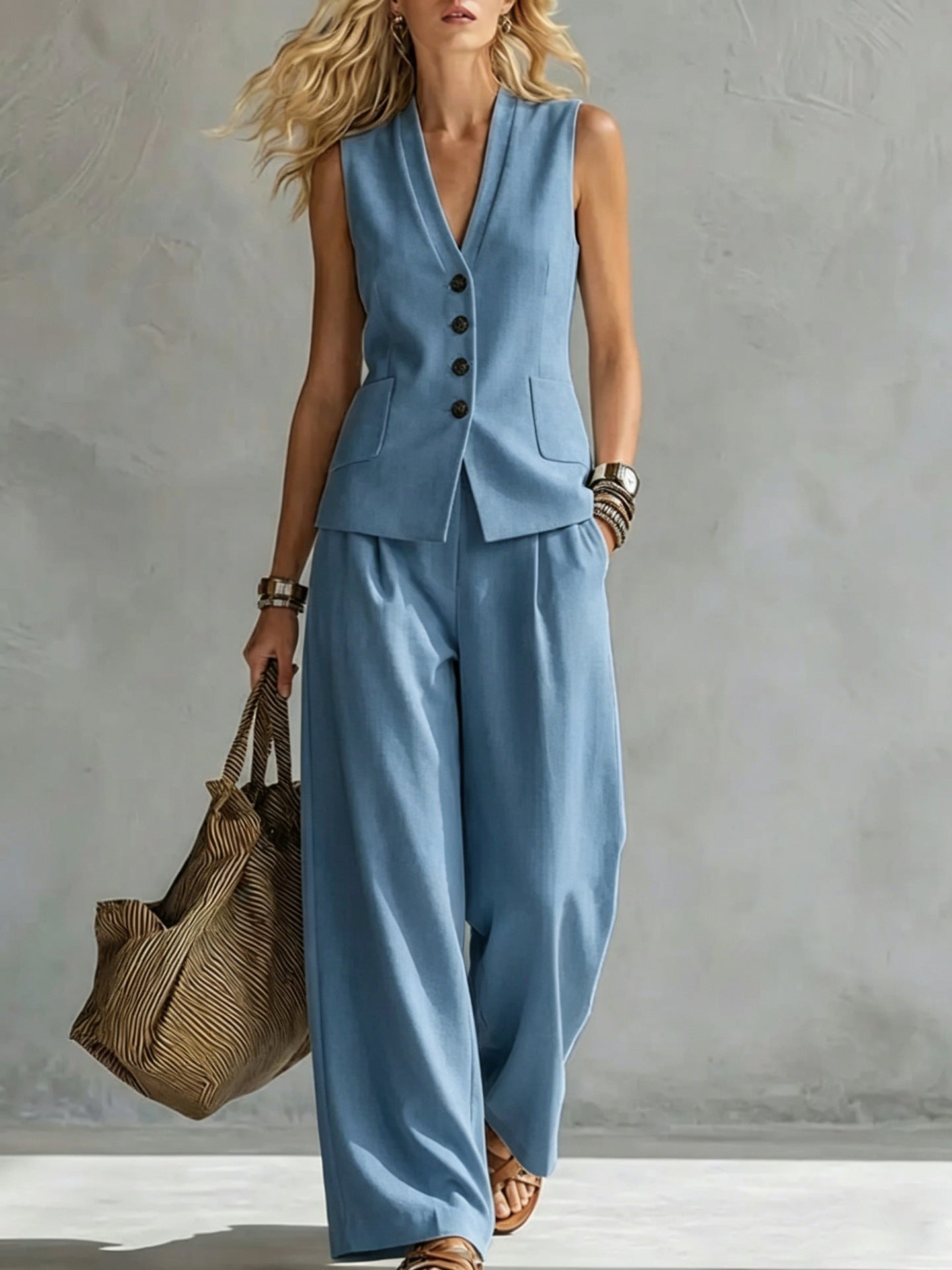 Solid-Colored Sleeveless Casual Linen Tank Top And Pants Set