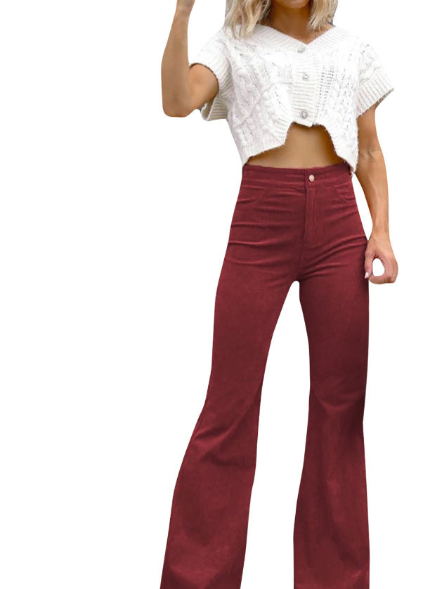 Corduroy Flared Pants Mid-Waist Slim Fit Bell-Bottom Trousers