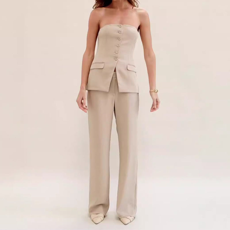 Tube Top Pants Set Sleeveless Button Top & Straight Trousers