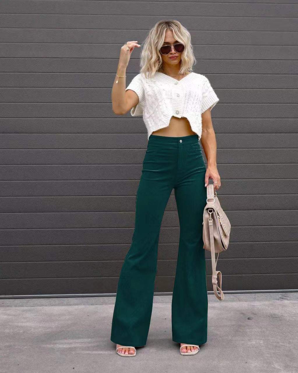 Corduroy Flared Pants Mid-Waist Slim Fit Bell-Bottom Trousers