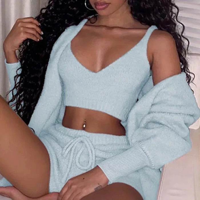 3 Piece Crop Tank Top And Shorts Pajama Set