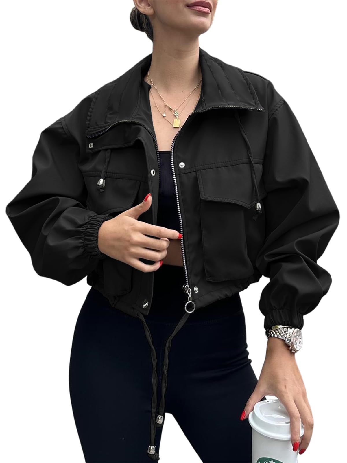 Solid Color Zipper Short Jacket Trench Coat