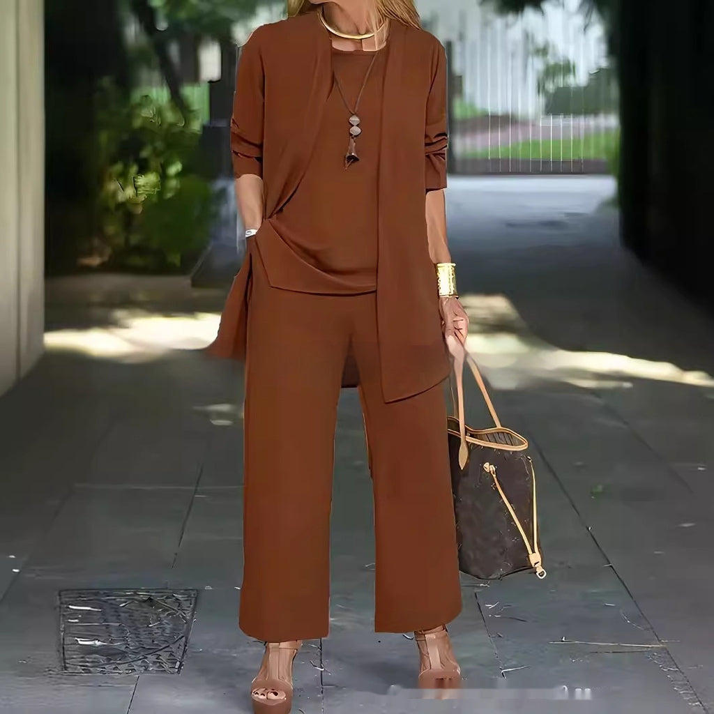 3-Piece Solid Color Suit Sleeveless Vest, Long Cardigan & Wide-Leg Pants