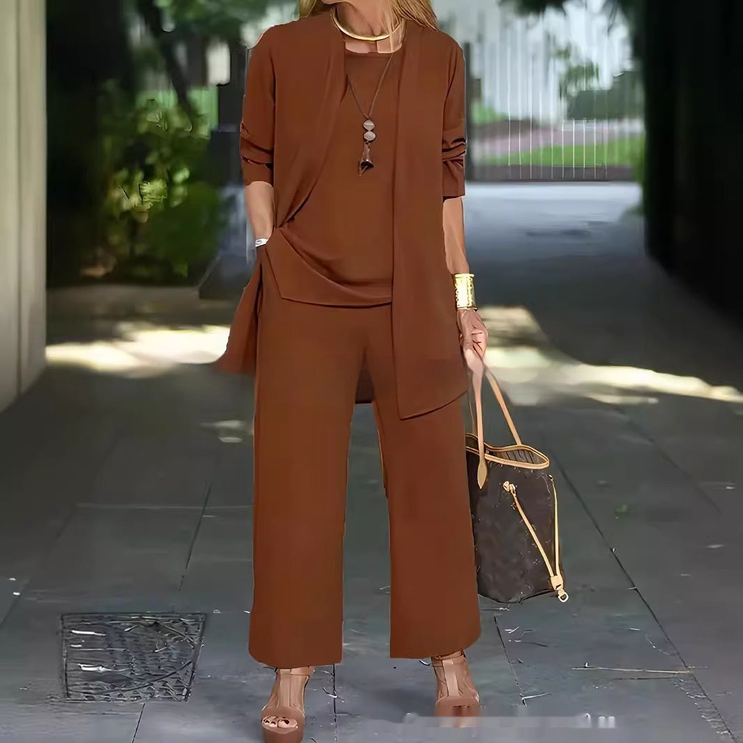 3-Piece Solid Color Suit Sleeveless Vest, Long Cardigan & Wide-Leg Pants