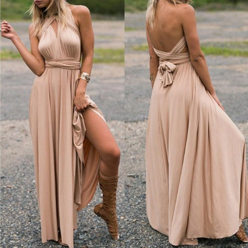 Women’s Multiway Maxi Dress, Backless Halterneck Bandage Floor-Length Boho Party Dress