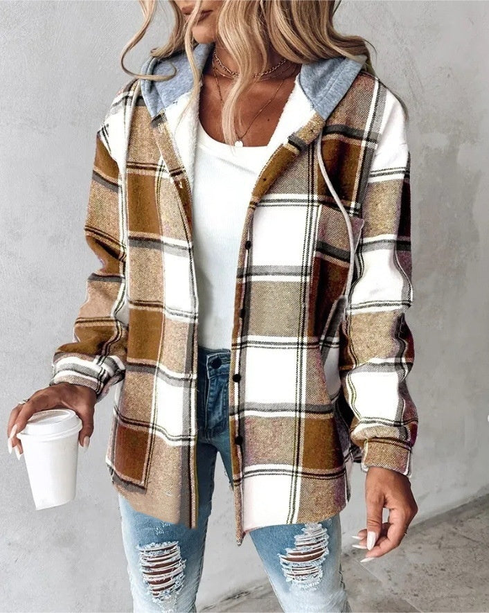 Women’s Plaid Hooded Jacket Casual Button-Up Coat with Pockets for Autumn & Winter