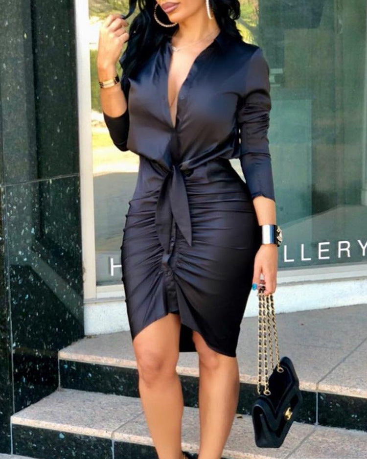 Lace-up Solid Color Long Sleeve Midi Dress Shirt Dress