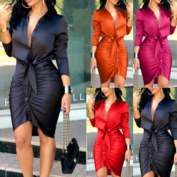Lace-up Solid Color Long Sleeve Midi Dress Shirt Dress
