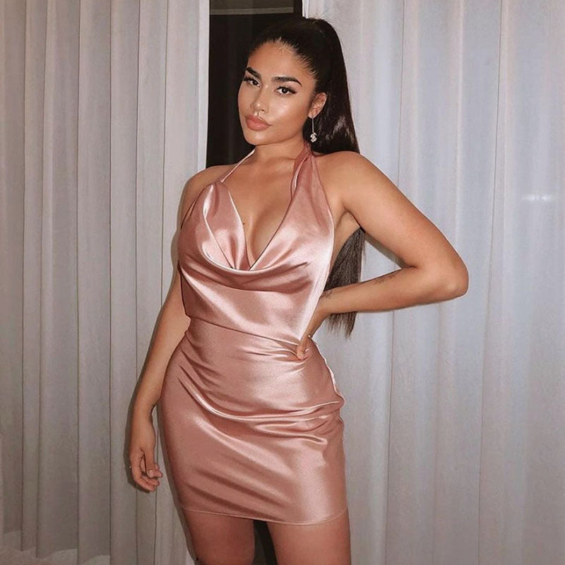 Satin Party Dress V Neck Backless Mini Sleeveless