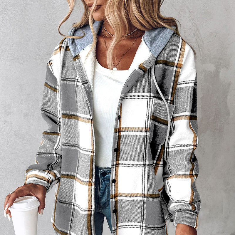 Women’s Plaid Hooded Jacket Casual Button-Up Coat with Pockets for Autumn & Winter