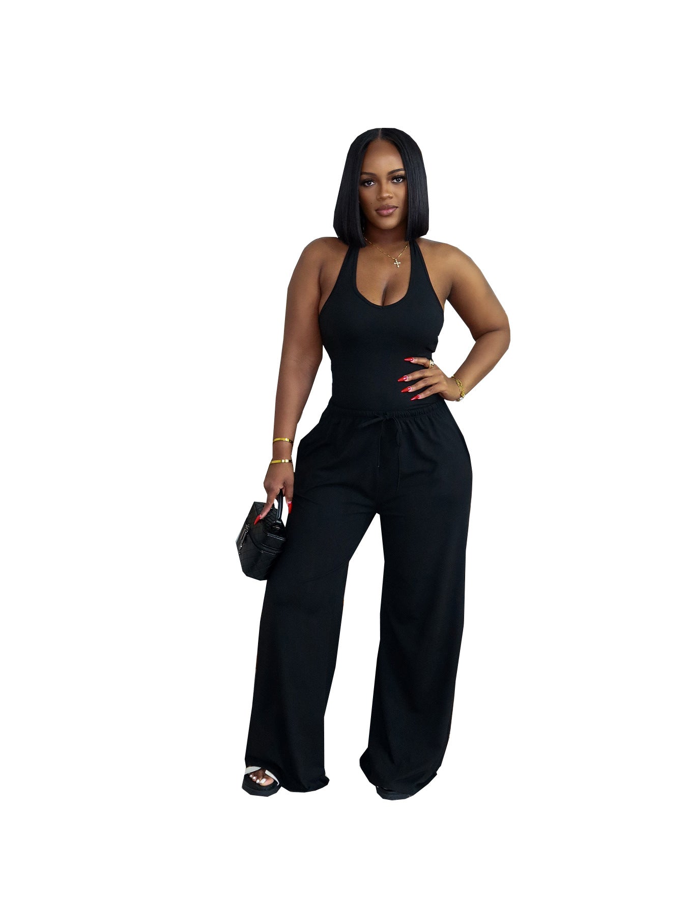Solid Color Casual Halter Top And High-Waist Wide-Leg Pants With Pockets