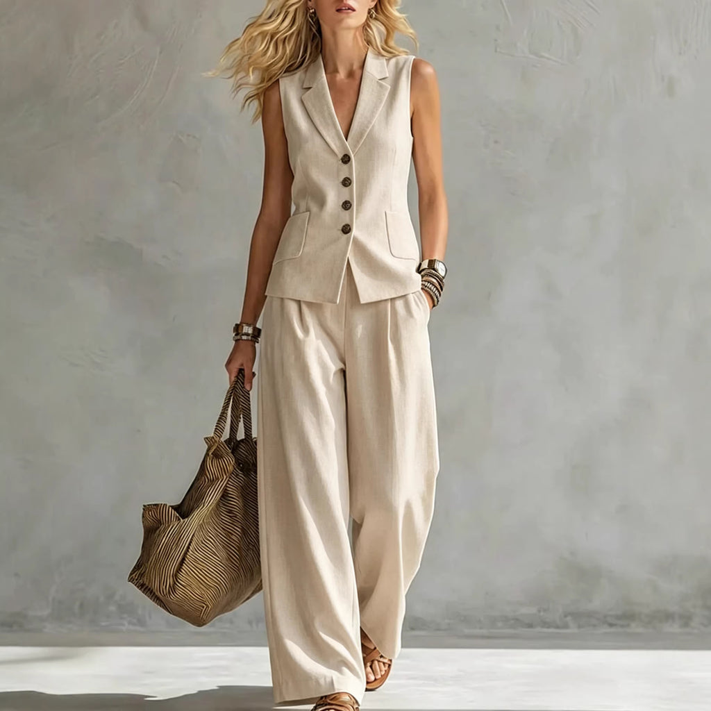 Solid-Colored Sleeveless Casual Linen Tank Top And Pants Set