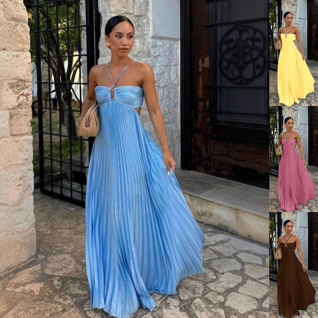Pleated Sleeveless Sling Dress Hollow High Waist Halter
