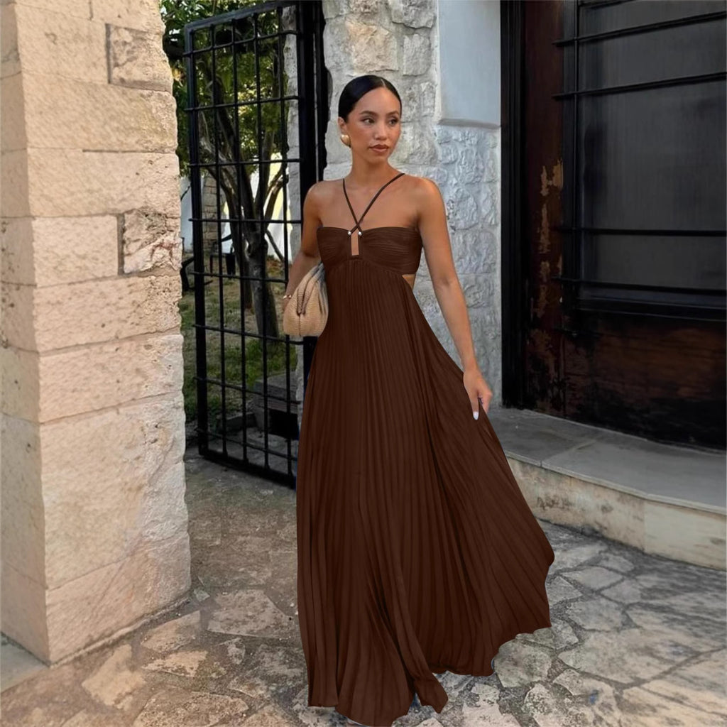 Pleated Sleeveless Sling Dress Hollow High Waist Halter