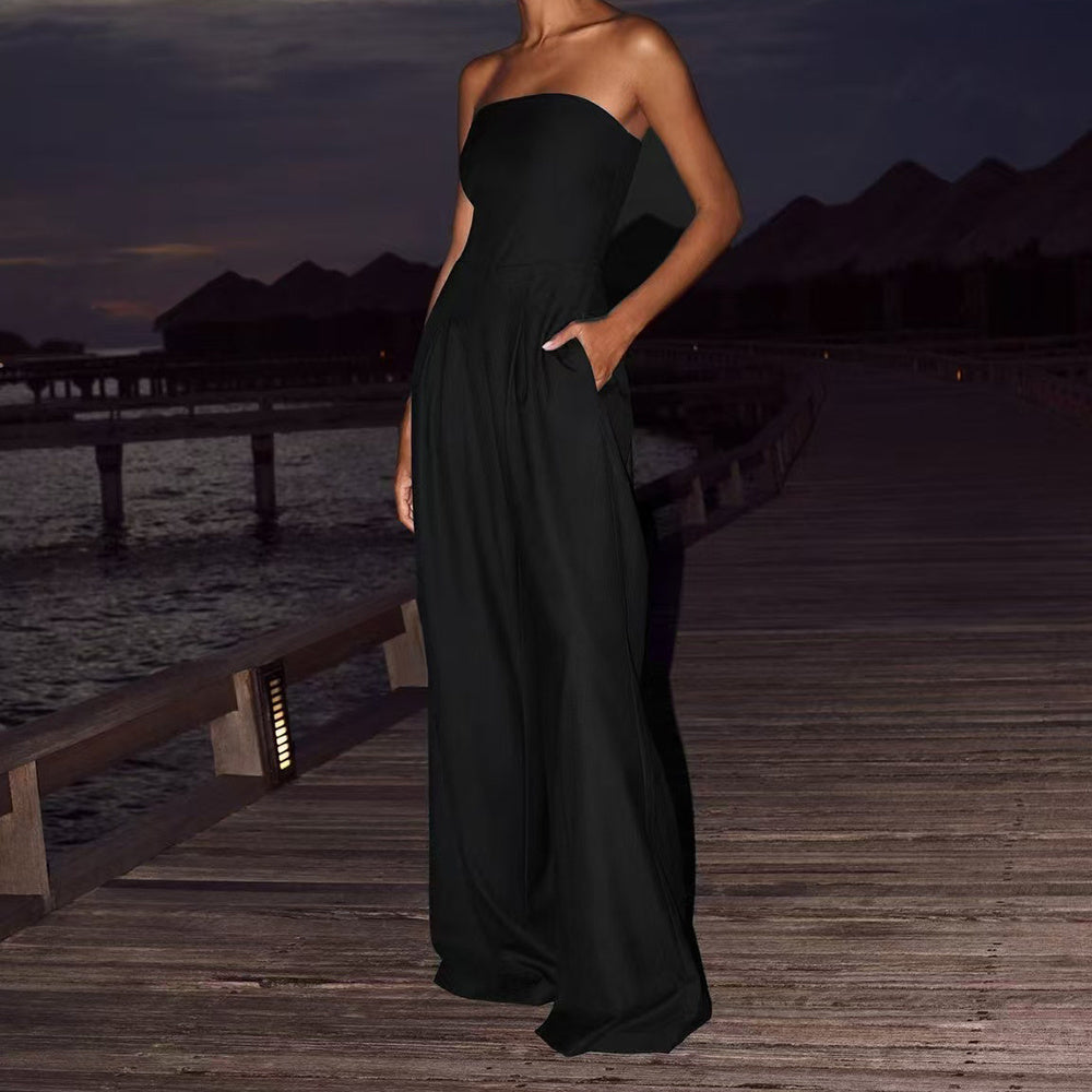 Strapless Jumpsuit, Backless Wide-Leg Tube Top Overalls