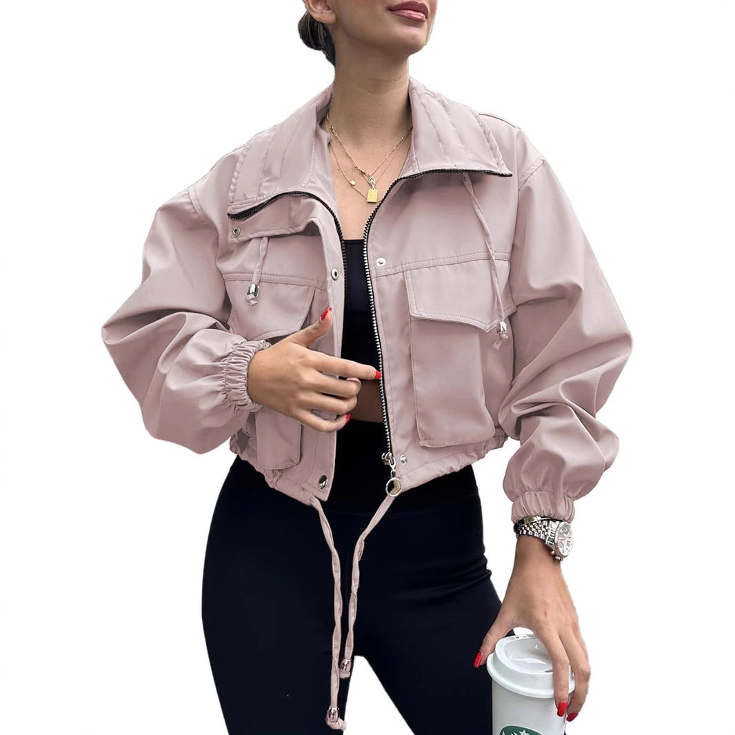 Solid Color Zipper Short Jacket Trench Coat