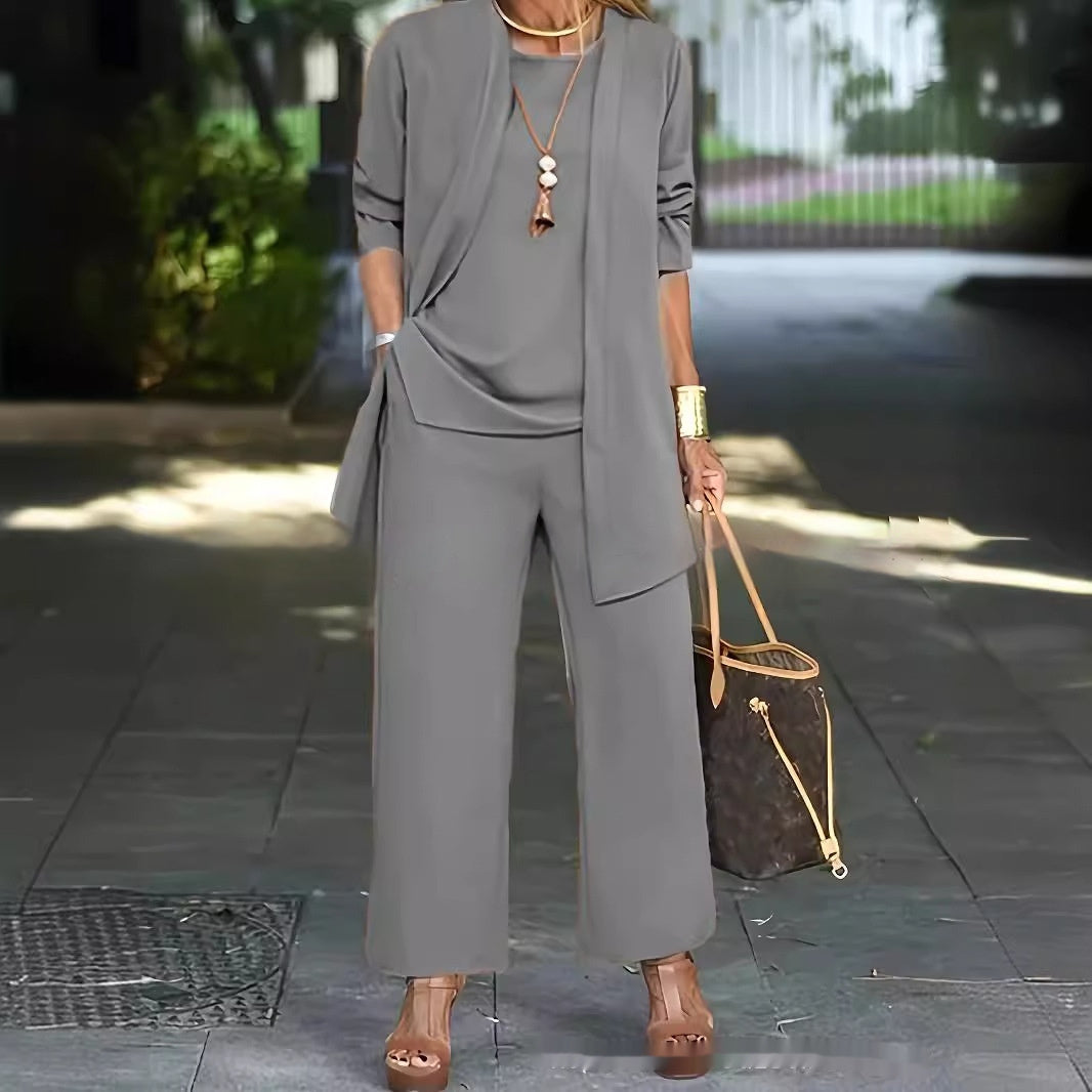 3-Piece Solid Color Suit Sleeveless Vest, Long Cardigan & Wide-Leg Pants