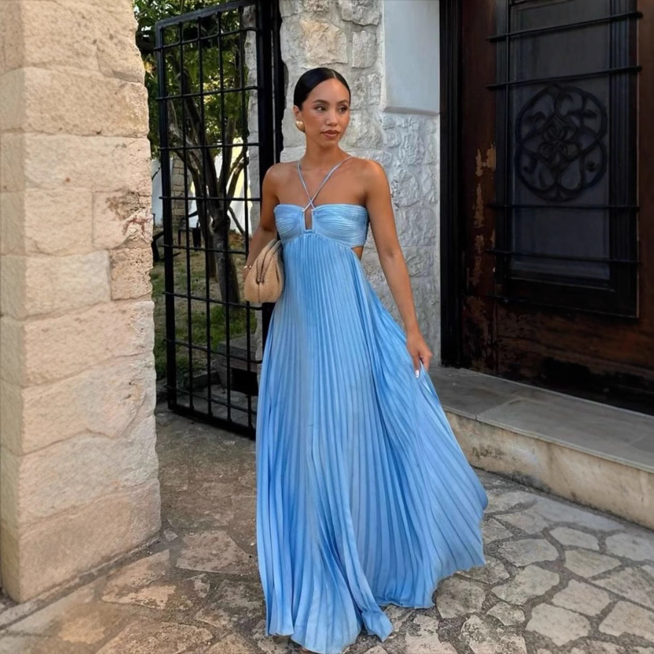 Pleated Sleeveless Sling Dress Hollow High Waist Halter