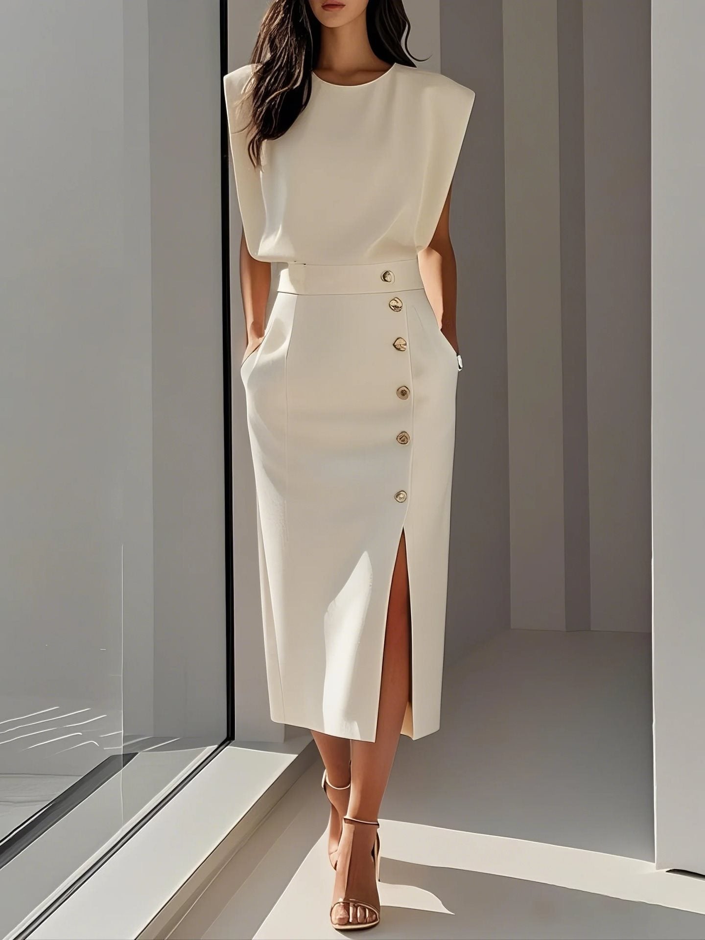 Split Dress With Buttons Casual Sleeveless Midi Dress