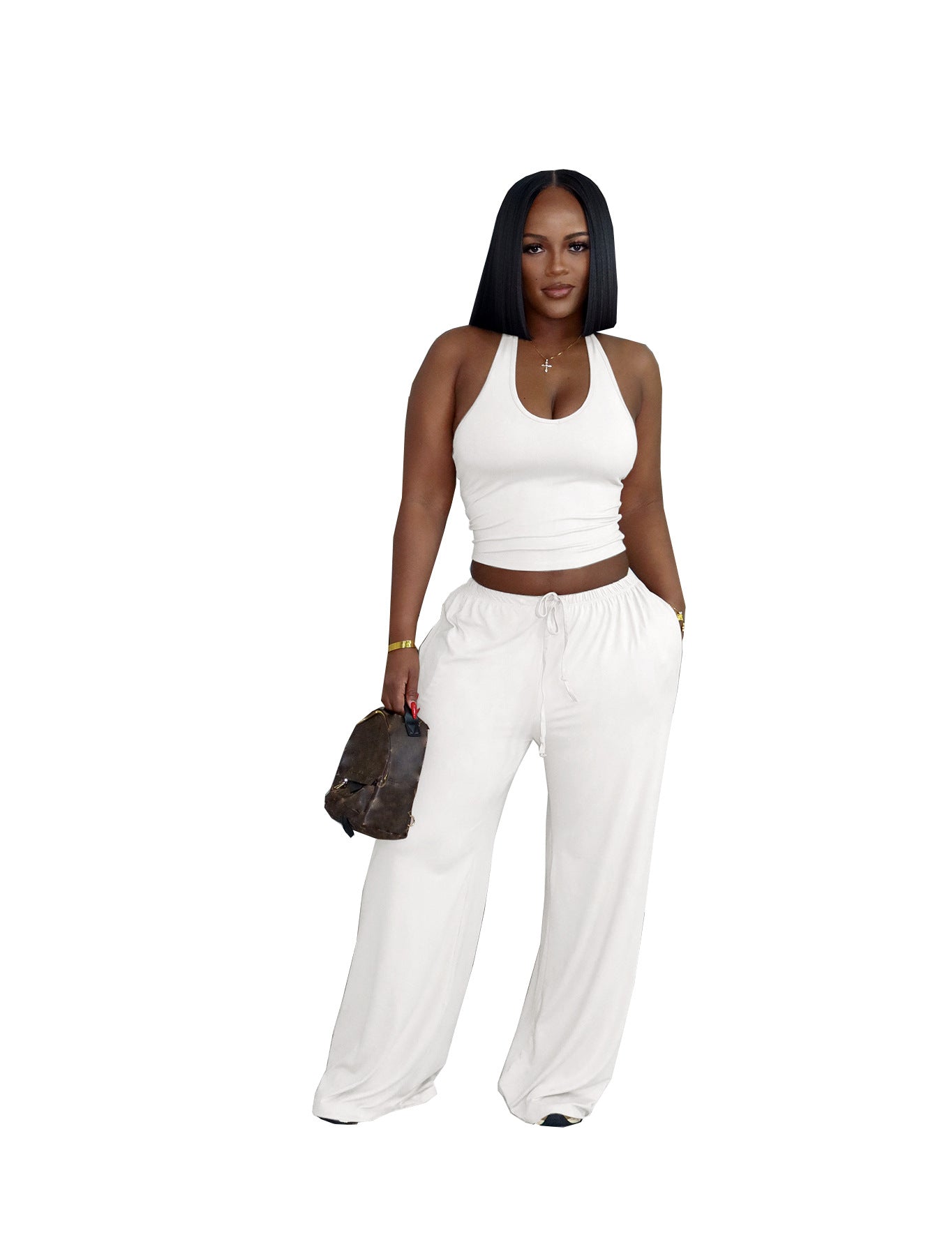 Solid Color Casual Halter Top And High-Waist Wide-Leg Pants With Pockets