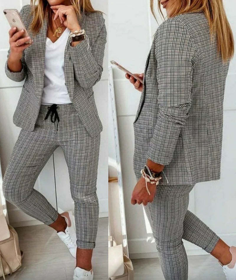 Plaid Two-Piece Suit Straight Trousers & Small Jacket Set