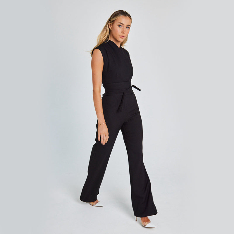 V-Neck Wide-Leg Jumpsuit, Elegant Sleeveless High-Waist Overalls