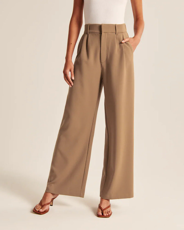 High Waist Wide-Leg Trousers Straight Casual Pants with Pockets