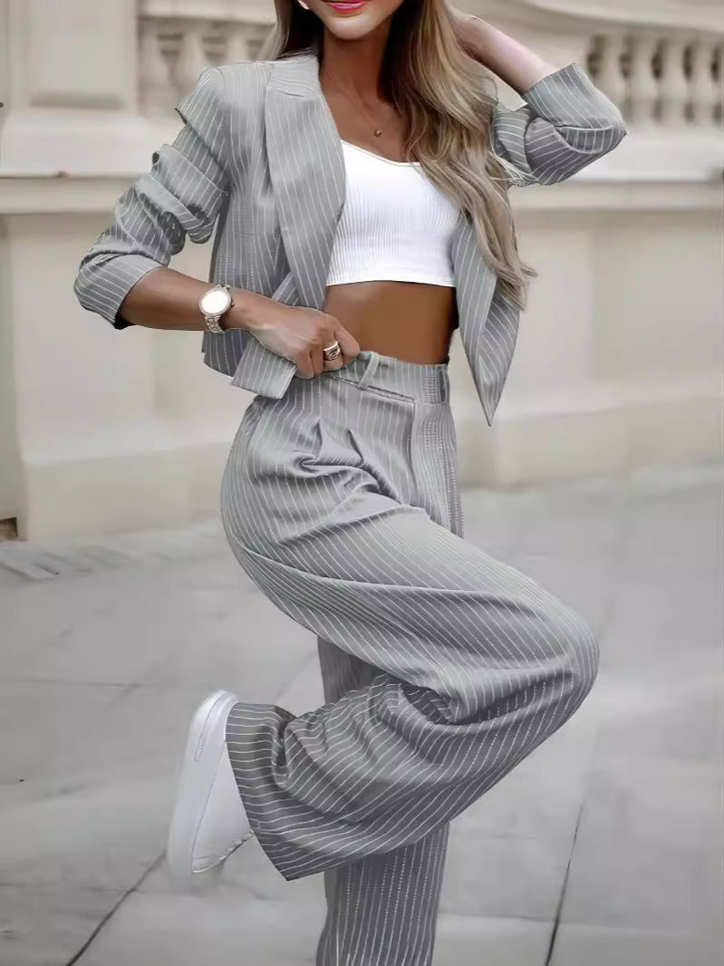 Striped Suit Casual Lapel Cropped Top & Straight Pants Set