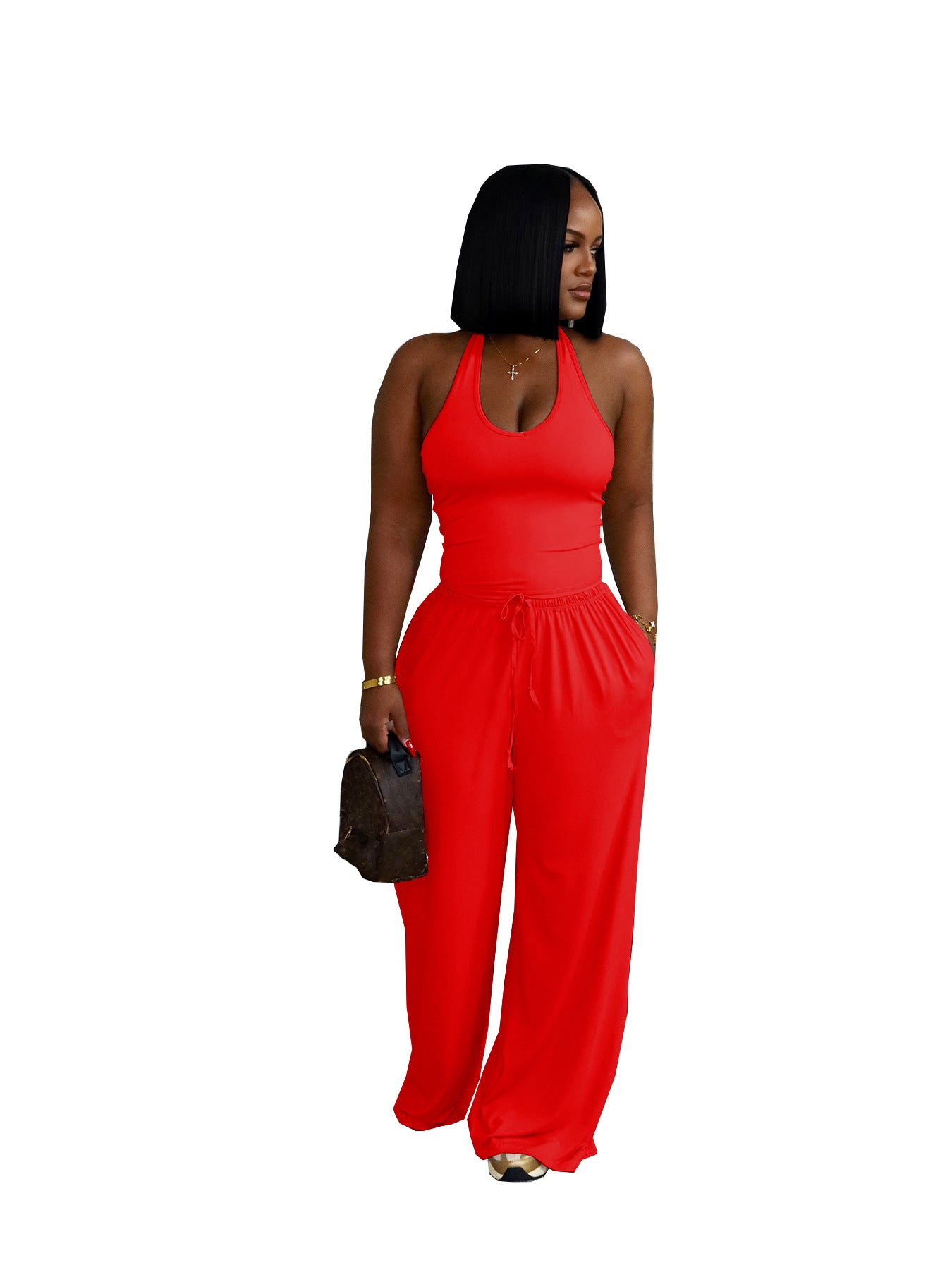 Solid Color Casual Halter Top And High-Waist Wide-Leg Pants With Pockets