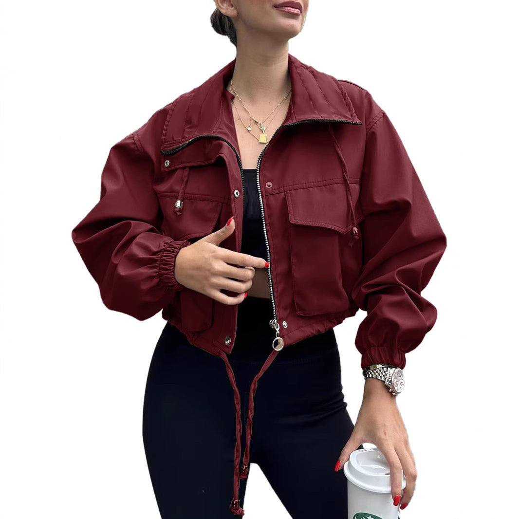 Solid Color Zipper Short Jacket Trench Coat