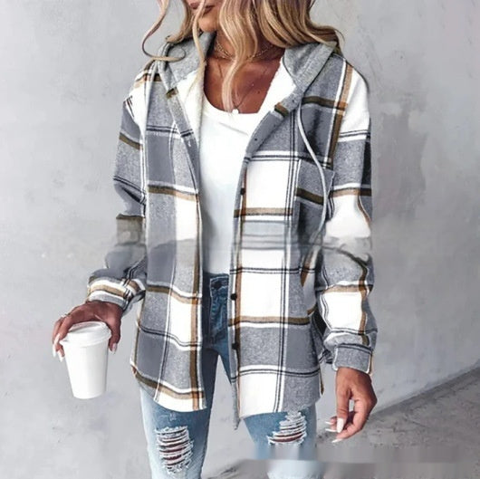 Women’s Plaid Hooded Jacket Casual Button-Up Coat with Pockets for Autumn & Winter