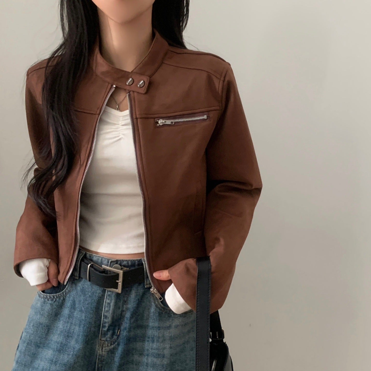 High Waist Suede Motorcycle Jacket Short Fashion Coat
