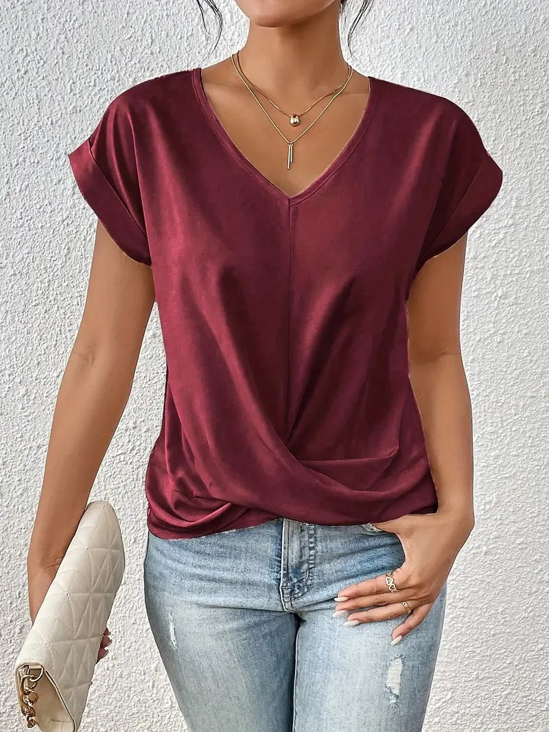 Fashion V-Neck Short-Sleeve T-Shirt Summer Casual Irregular Knot Top for Women Clothing