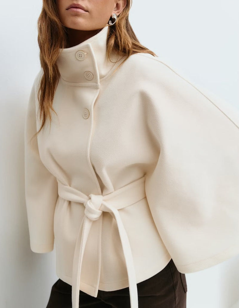 High Neck Batwing Sleeve Belted Coat