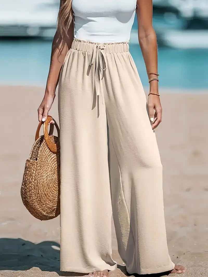 Loose Casual Pants, Pocket Drawstring Wide-leg Versatile Solid Color Long Trousers