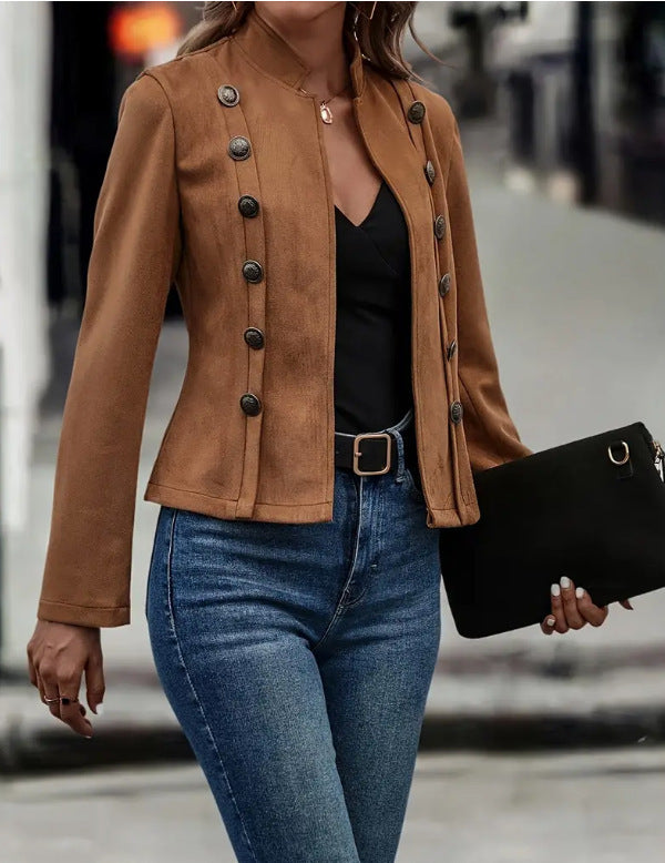 Double-Breasted Suede Jacket Retro Velvet Long-Sleeve Slim Fit Coat