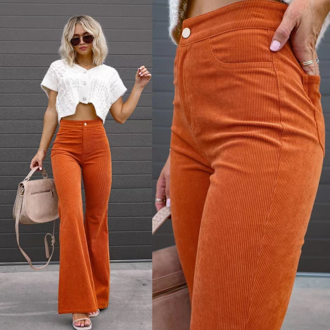 Corduroy Flared Pants Mid-Waist Slim Fit Bell-Bottom Trousers