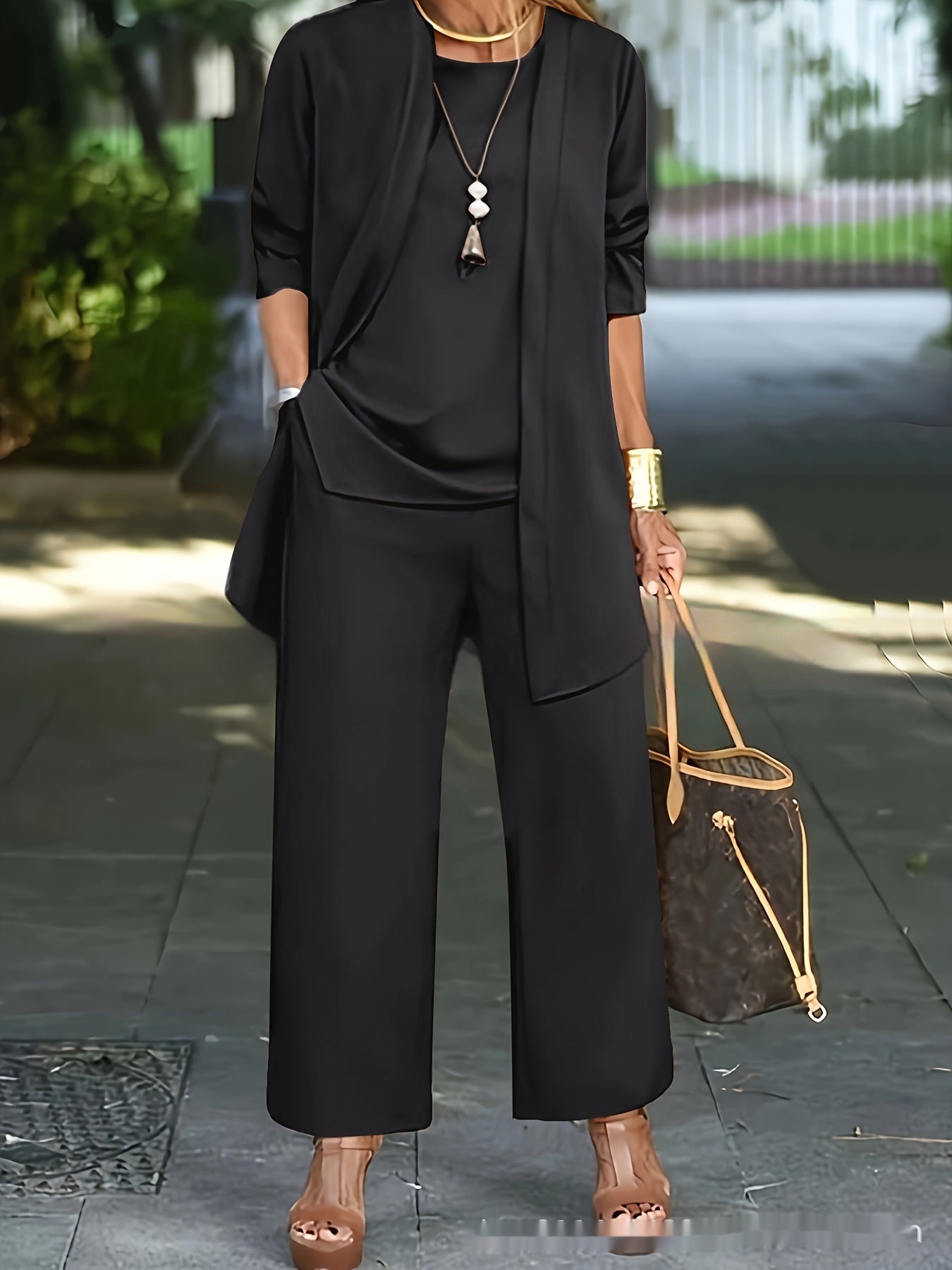 3-Piece Solid Color Suit Sleeveless Vest, Long Cardigan & Wide-Leg Pants