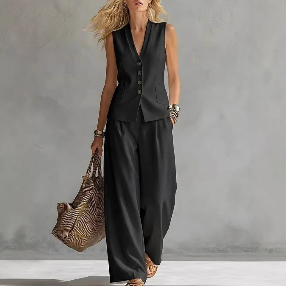 Solid-Colored Sleeveless Casual Linen Tank Top And Pants Set