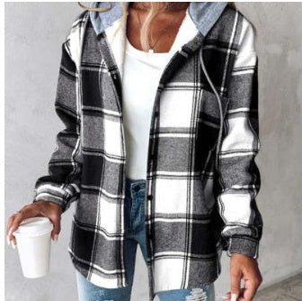 Women’s Plaid Hooded Jacket Casual Button-Up Coat with Pockets for Autumn & Winter