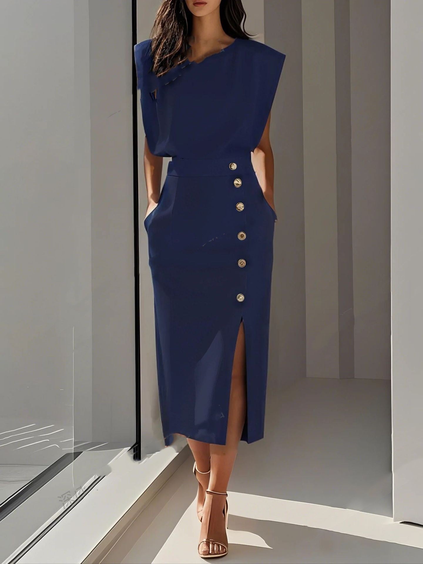 Split Dress With Buttons Casual Sleeveless Midi Dress