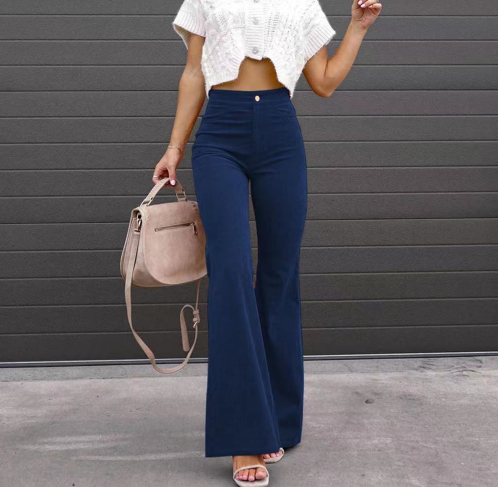 Corduroy Flared Pants Mid-Waist Slim Fit Bell-Bottom Trousers
