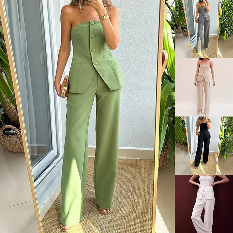 Tube Top Pants Set Sleeveless Button Top & Straight Trousers