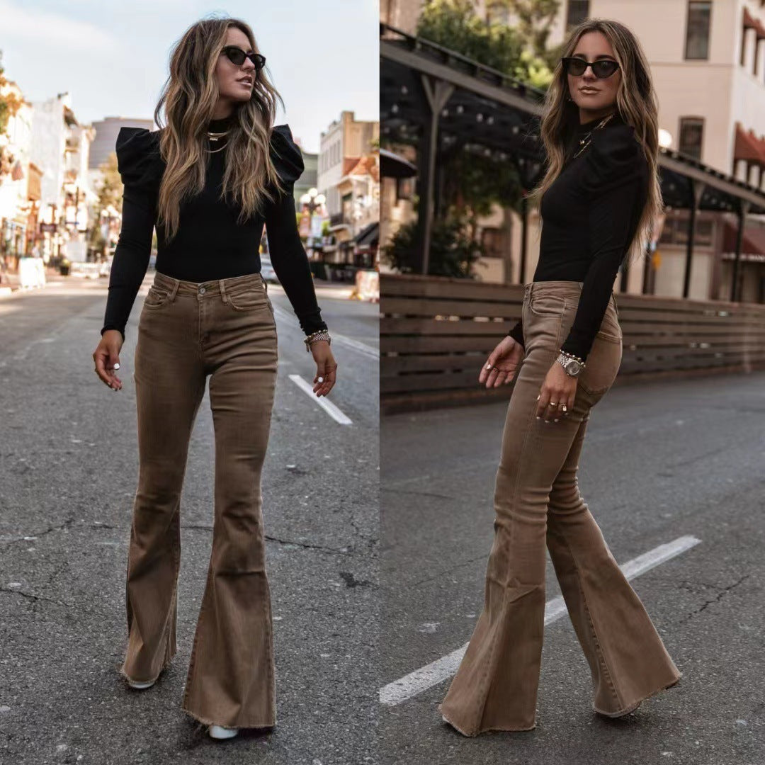 Corduroy Flared Pants Mid-Waist Slim Fit Bell-Bottom Trousers