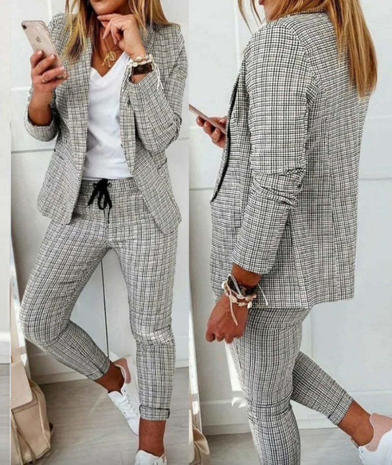 Plaid Two-Piece Suit Straight Trousers & Small Jacket Set