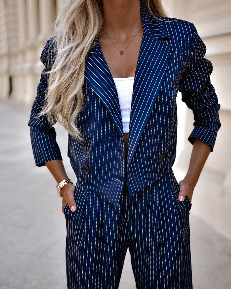 Striped Suit Casual Lapel Cropped Top & Straight Pants Set