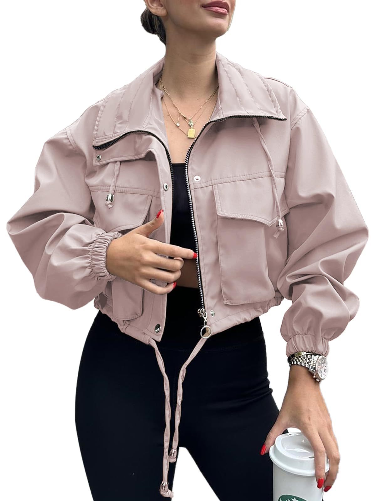 Solid Color Zipper Short Jacket Trench Coat