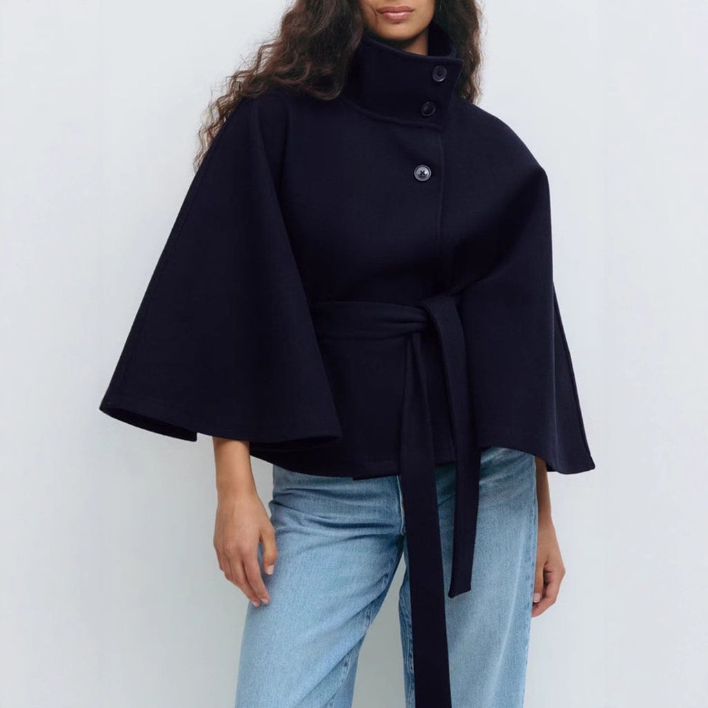 High Neck Batwing Sleeve Belted Coat