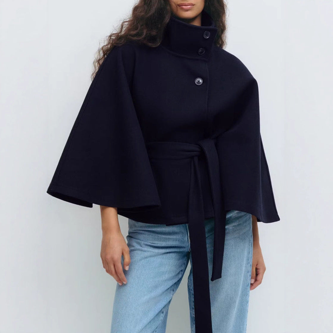 High Neck Batwing Sleeve Belted Coat